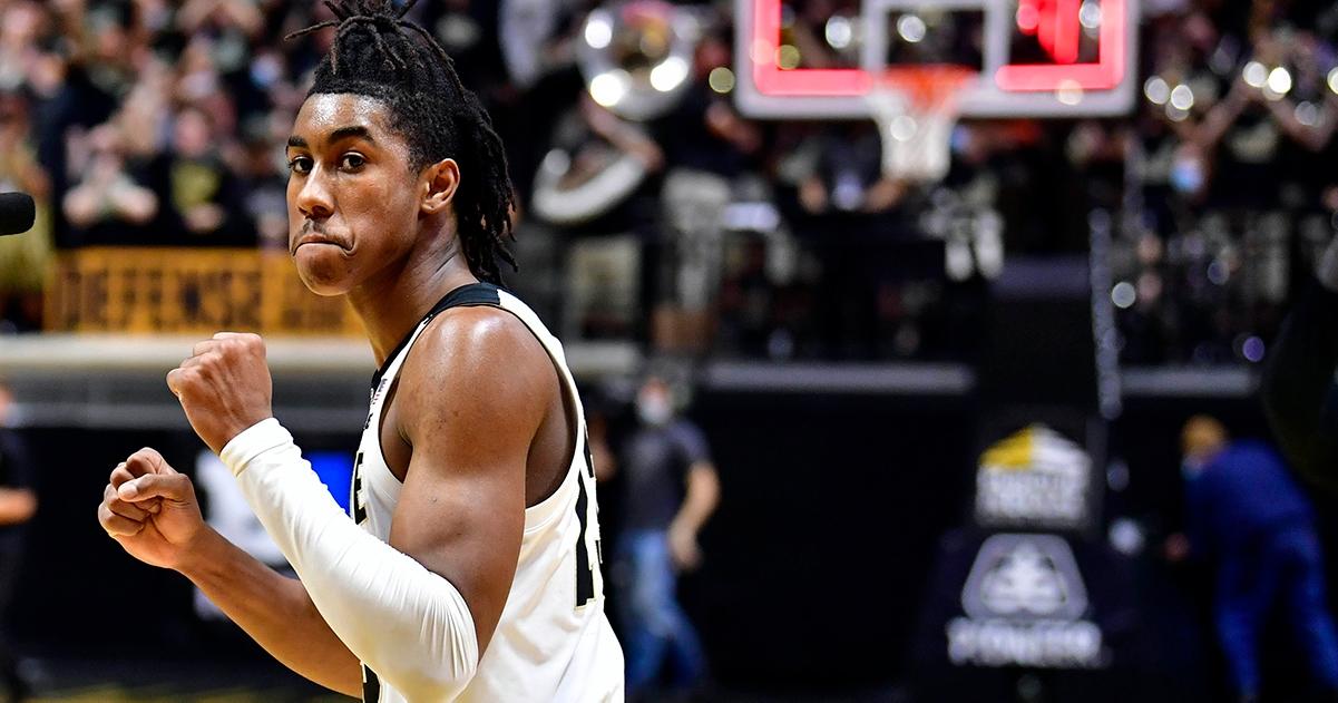 Purdue's Jaden Ivey celebrates during a win against Iowa.